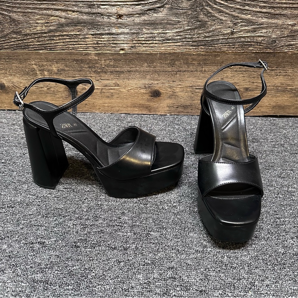 Zara Black Platform Block Heel Sandals